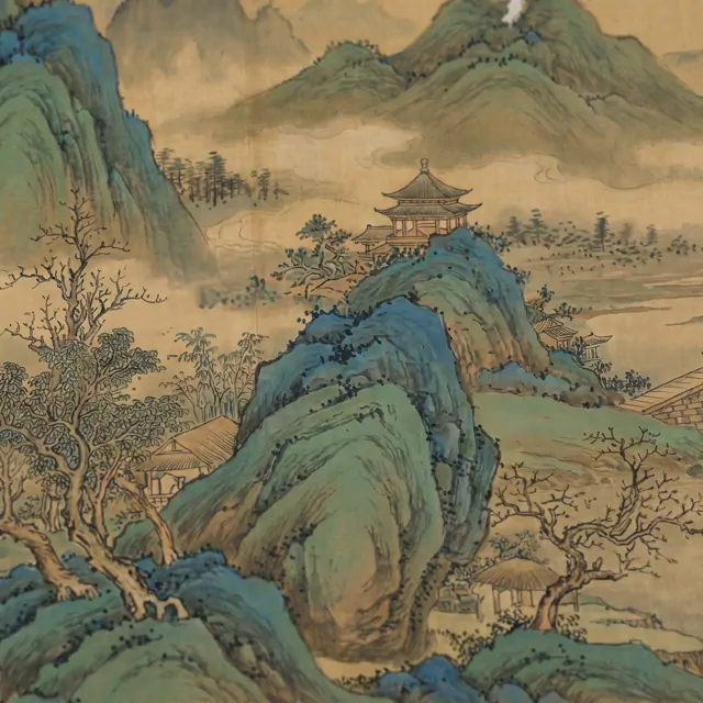 Cyan-Green Landscape for Commercial Space Traditional Chinese Aesthetic - Fine Gongbi Silk Detail 2