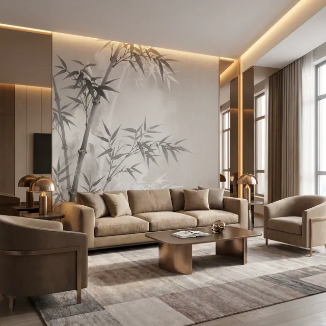 Ink-Wash Bamboo Forest Zen Minimalist Soft Gray - Living Room
