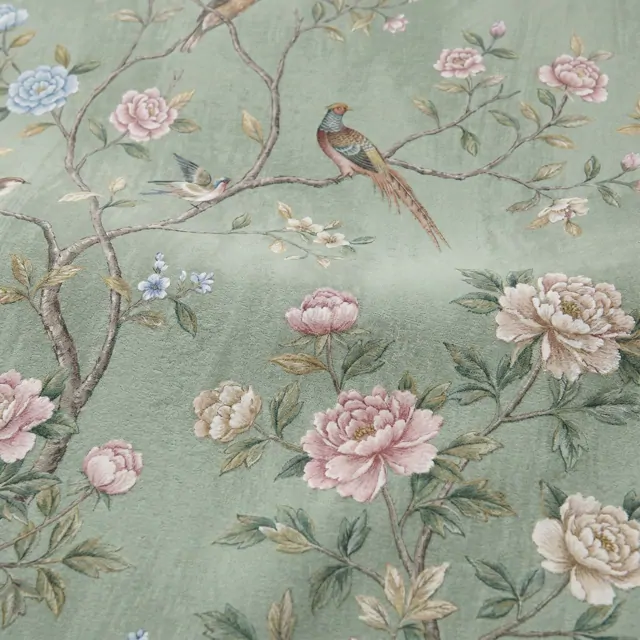 Chinoiserie Floral Birds Mural for Commercial Space Sage Green Palette - 超细纹雪尼尔平面打印