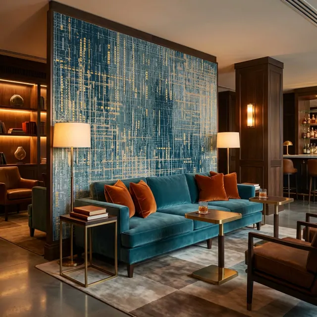 Abstract-Textured-Lines Commercial-Interiors Teal-Gold 07 Private-Club-Lounge