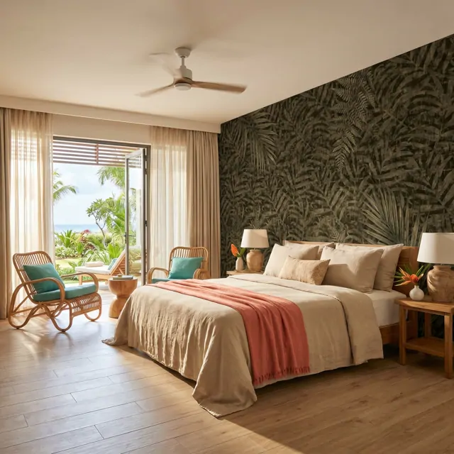 Vintage-Tropical-Palm-Foliage-for-Mural-Dark-Olive-Textured-Resort-Hotel-Room