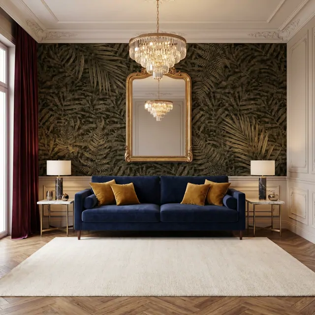Vintage-Tropical-Palm-Foliage-for-Mural-Dark-Olive-Textured-European-Luxury-Living-Room