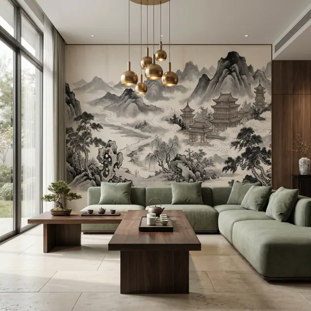 Ink-Wash Celestial-Pavilions for Mountain-Mist Monochrome-Classical Tea-Room