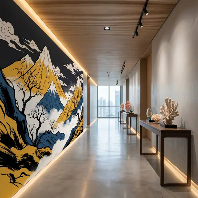 Oriental-Mountain-Mural Commercial-Space Gold-Blue-Contrast - Corridor Hallway
