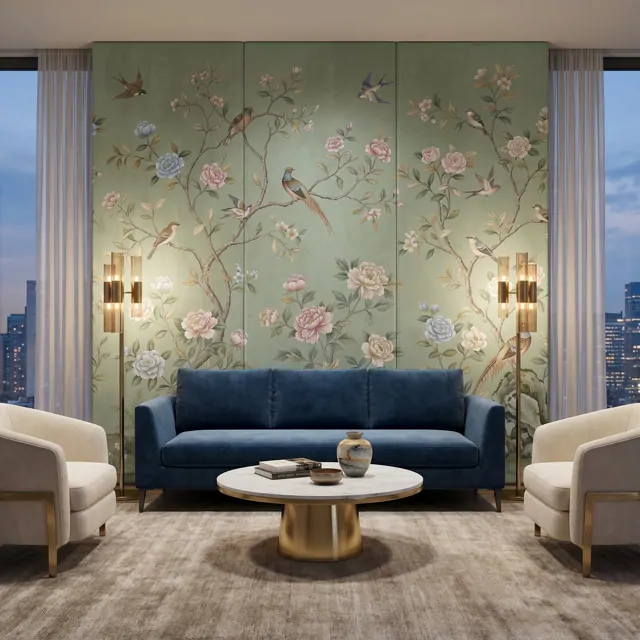 Chinoiserie Floral Birds Mural for Commercial Space Sage Green Palette - 酒店套房客厅