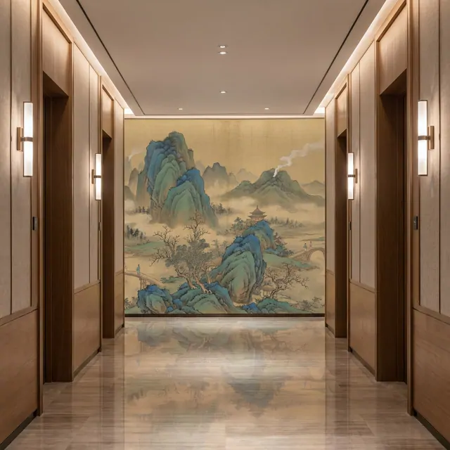 Cyan-Green Landscape for Commercial Space Traditional Chinese Aesthetic - Hotel Corridor