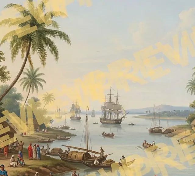 Company-School Indian Heritage Waterfront Palace Panorama - Material Detail 9 - Double Palace Silk Palm Grove and Vegetation - Detail Crop 1