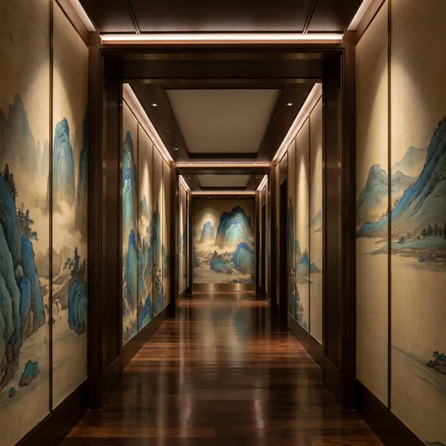 Traditional-Chinese-Landscape Panoramic-Mural Cyan-Green-Ochre - 豪华会所走廊 - Modern Corridor