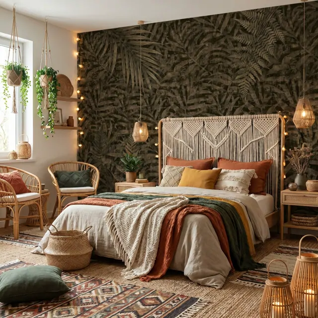 Vintage-Tropical-Palm-Foliage-for-Mural-Dark-Olive-Textured-Bohemian-Bedroom