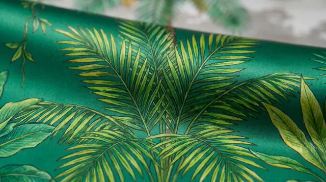 Tropical-Botanical-Mural-for-Luxury-Interior-Emerald-Lush Detail Silk-Print 02