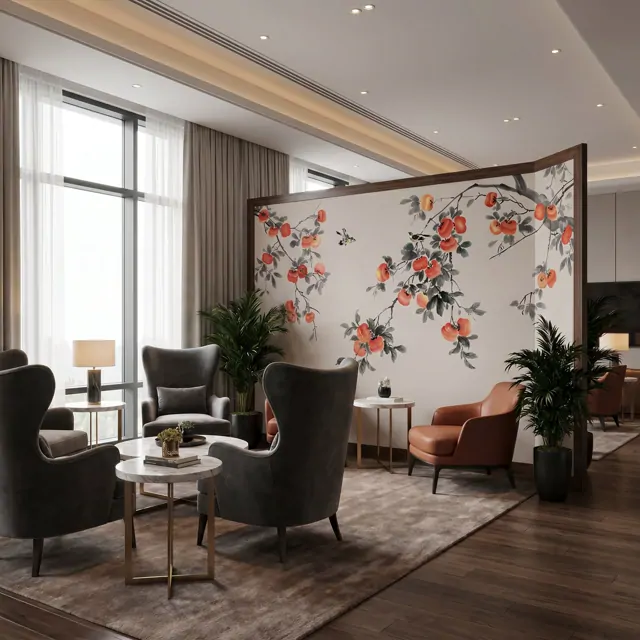 Ink-Wash Persimmon Birds Oriental Botanical Elegance - 高级会所休息区