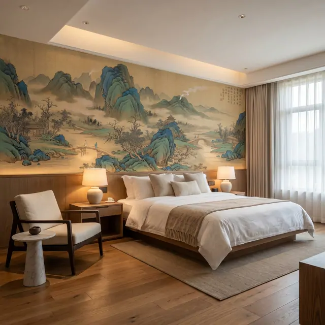 Cyan-Green Landscape for Commercial Space Traditional Chinese Aesthetic - Boutique Hotel Room