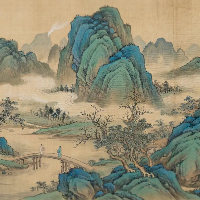 Cyan-Green Landscape for Commercial Space Traditional Chinese Aesthetic - Ultra-fine Gongbi Print Detail 1