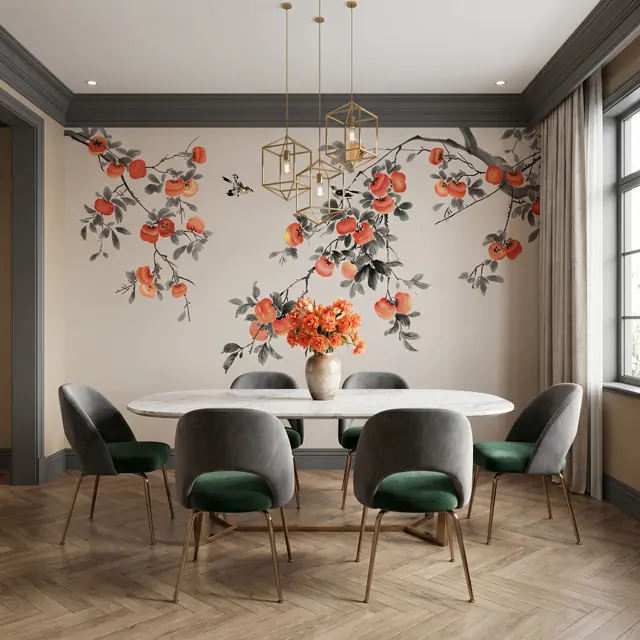 Ink-Wash Persimmon Birds Oriental Botanical Elegance - 轻奢餐厅