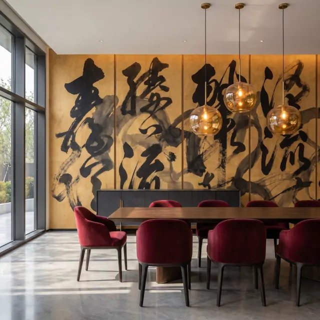 Abstract-Calligraphy Bold-Ink-Strokes for Luxury-Interior Black-Gold-Palette Dining-Room Scene