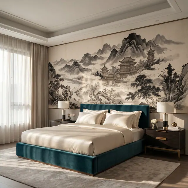 Ink-Wash Celestial-Pavilions for Mountain-Mist Monochrome-Classical Bedroom-01