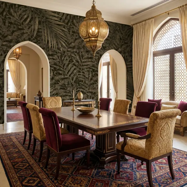 Vintage-Tropical-Palm-Foliage-for-Mural-Dark-Olive-Textured-Middle-Eastern-Dining-Room
