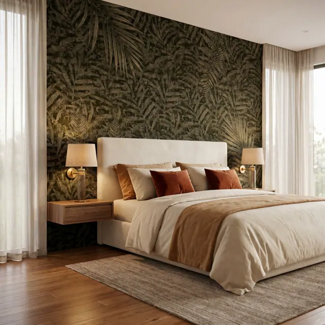 Vintage-Tropical-Palm-Foliage-for-Mural-Dark-Olive-Textured-Modern-Luxury-Bedroom
