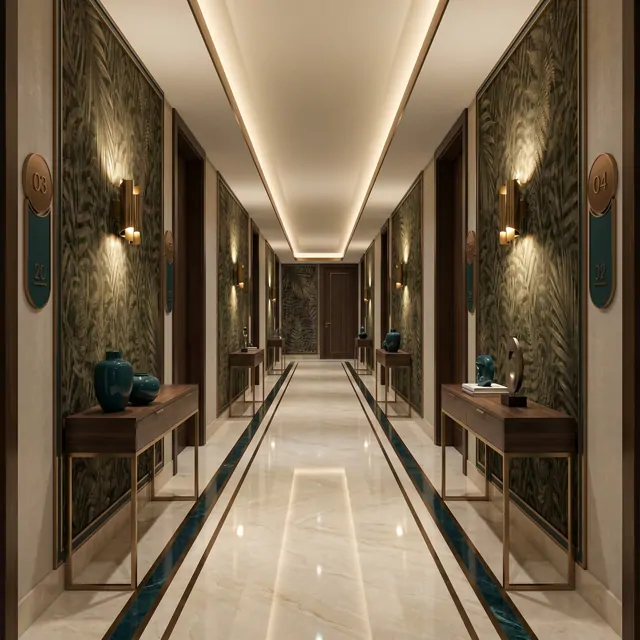 Vintage-Tropical-Palm-Foliage-for-Mural-Dark-Olive-Textured-Hotel-Corridor