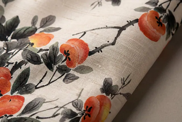 Ink-Wash Persimmon Birds Oriental Botanical Elegance - Ultra-Fine Gongbi Double Palace Silk Print Detail 1