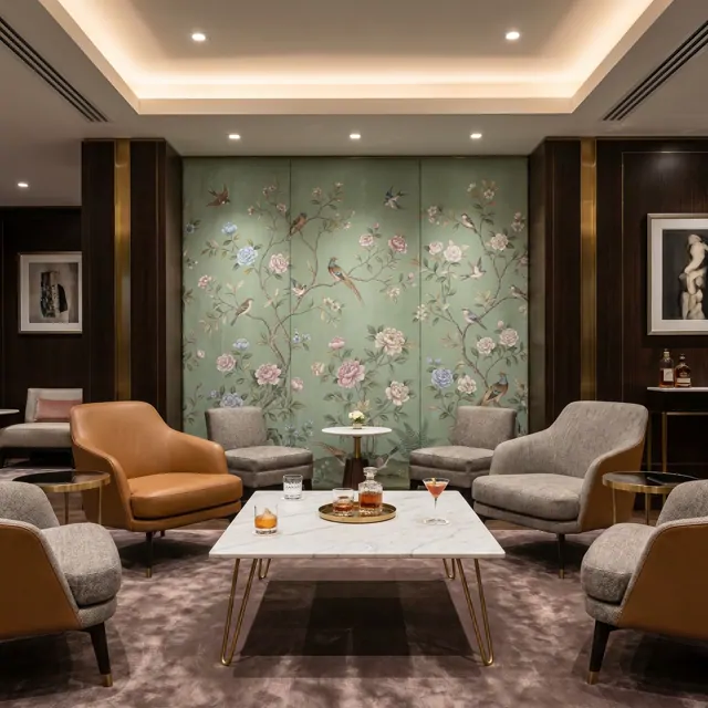 Chinoiserie Floral Birds Mural for Commercial Space Sage Green Palette - 私人会所休息区