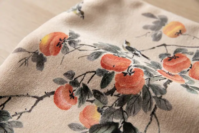 Ink-Wash Persimmon Birds Oriental Botanical Elegance - Ultra-Fine Chenille Print Detail 1