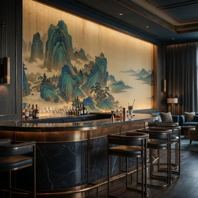 Traditional-Chinese-Landscape Panoramic-Mural Cyan-Green-Ochre - 精品酒店酒吧 - Boutique Hotel Bar