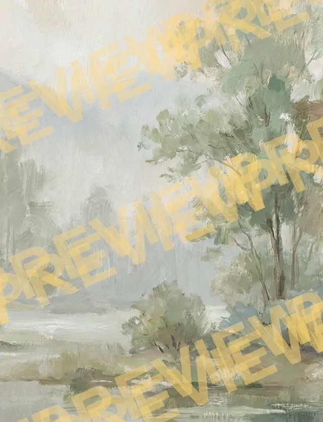 Misty Impressionist Landscape for Commercial Space Sage Green Beige Palette - Detail Crop 2