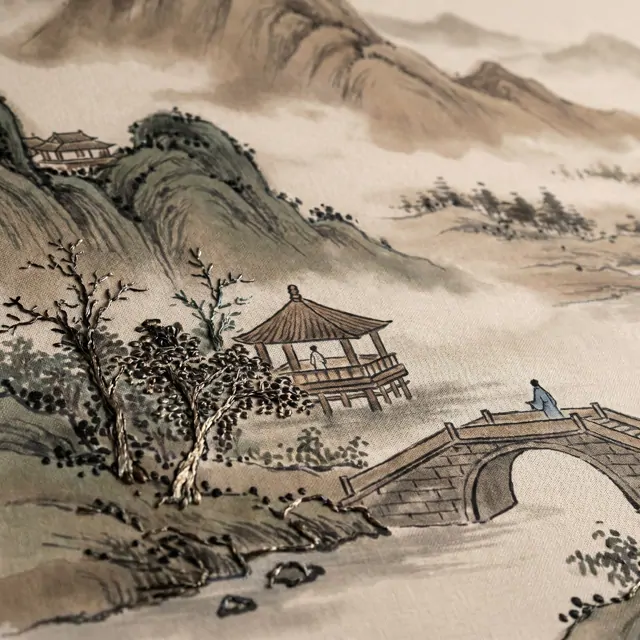 Ink-Wash Landscape Material Detail - Print with Hand Embroidery 1