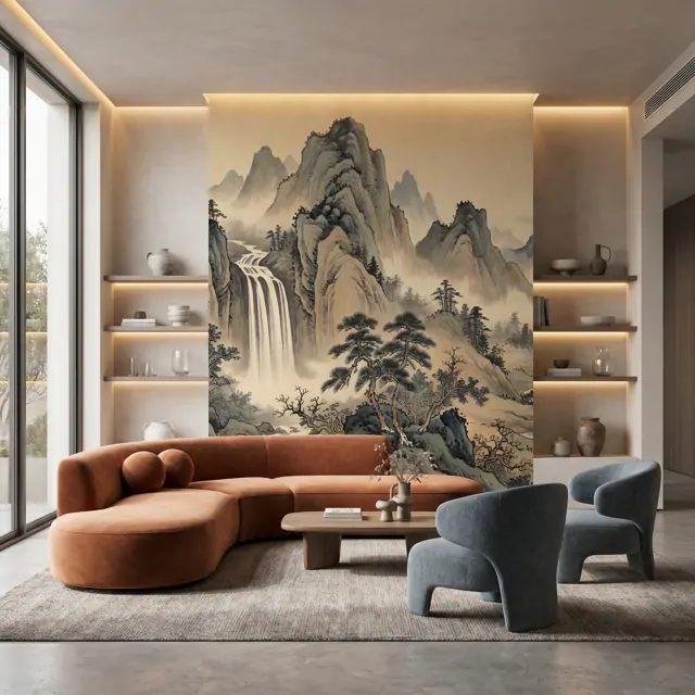 Oriental-Ink-Landscape Commercial-Interiors Warm-Earth-Tones - Luxury-Living-Room