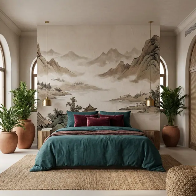 Ink-Wash Landscape for Commercial Spaces Misty Mountains Sepia - 3 Boutique Hotel Bedroom