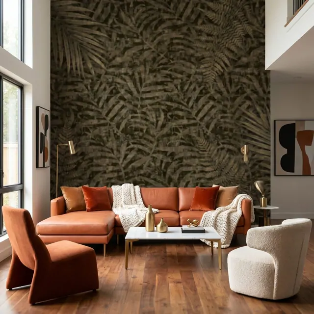 Vintage-Tropical-Palm-Foliage-for-Mural-Dark-Olive-Textured-American-Modern-Living-Room