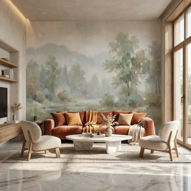 Impressionist Misty Landscape for Commercial Space Sage Green Beige Palette - Modern Luxury Living Room - Wall Mural