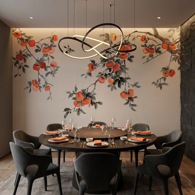 Ink-Wash Persimmon Birds Oriental Botanical Elegance - 米其林餐厅包间