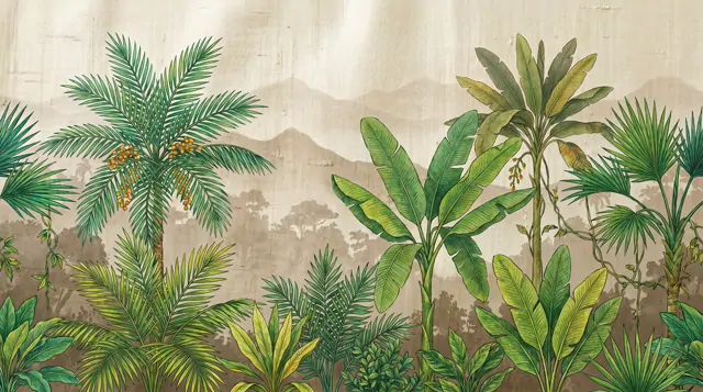 Tropical-Botanical-Mural-for-Luxury-Interior-Emerald-Lush Detail Fine-Gongbi-Dupioni-Print 02