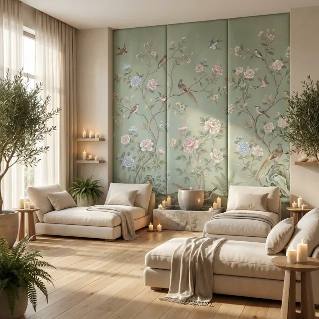 Chinoiserie Floral Birds Mural for Commercial Space Sage Green Palette - 奢华SPA会所
