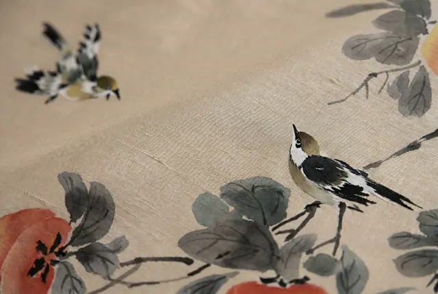 Ink-Wash Persimmon Birds Oriental Botanical Elegance - Ultra-Fine Gongbi Double Palace Silk Print Detail 2