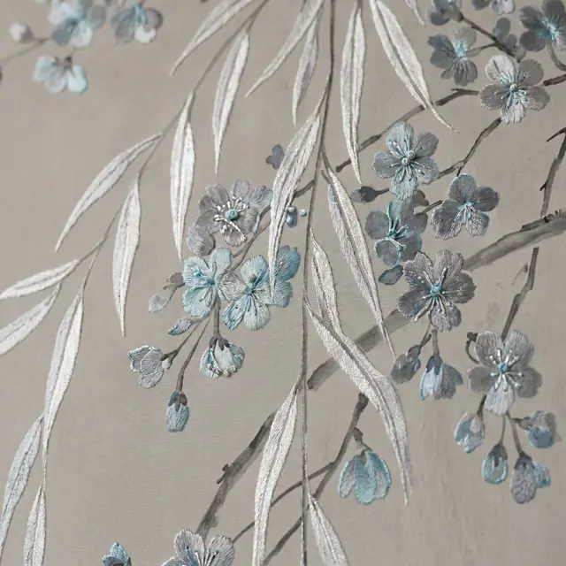 Ethereal Botanical Modern Commercial Space Soft Gray Blue Elegance - Printing with Minimal Hand Embroidery Detail - 01