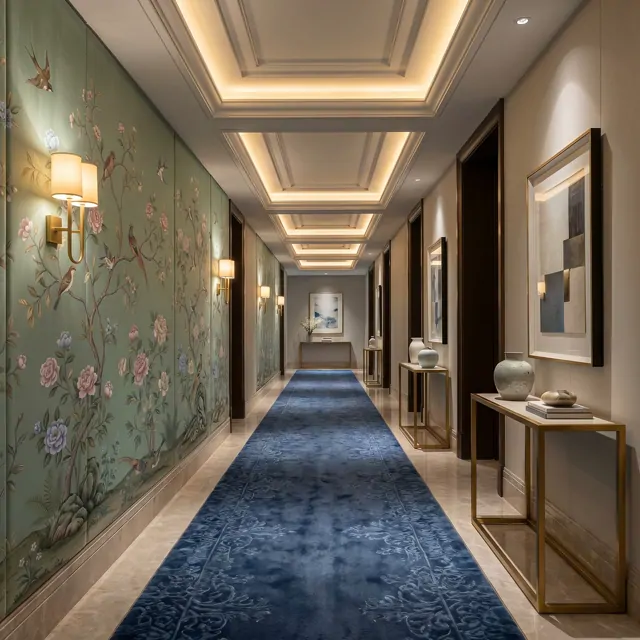 Chinoiserie Floral Birds Mural for Commercial Space Sage Green Palette - 酒店走廊