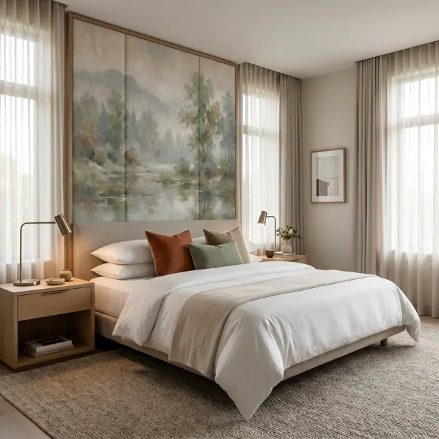 Impressionist Misty Landscape for Commercial Space Sage Green Beige Palette - Five-Star Hotel Guest Room - Headboard Panel