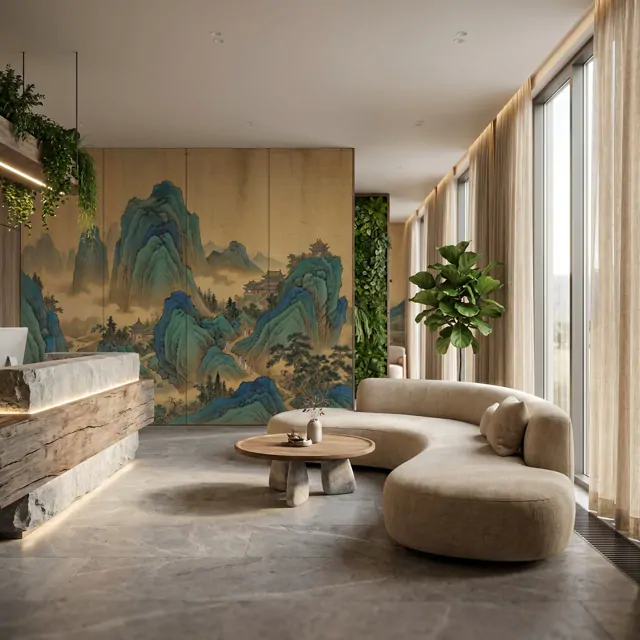 Traditional-Chinese-Landscape Panoramic-Mural Cyan-Green-Ochre - 高端SPA会所 - Zen Wellness