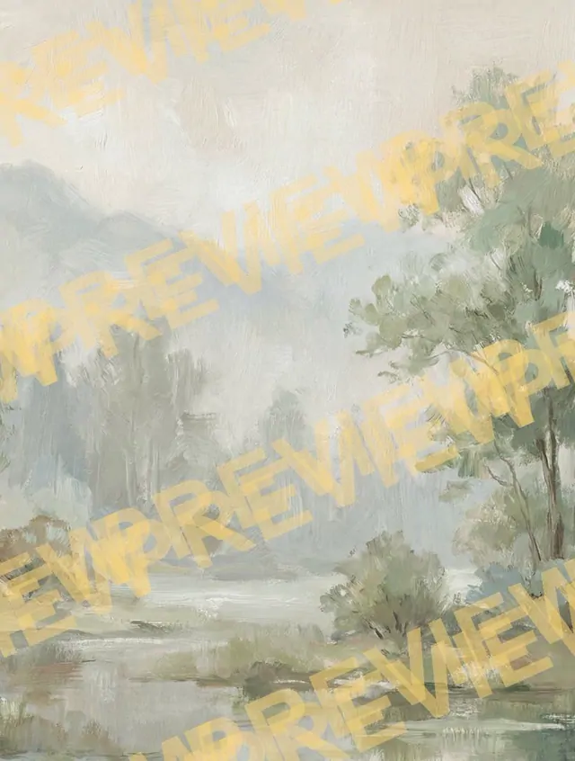 Misty Impressionist Landscape for Commercial Space Sage Green Beige Palette - Detail Crop 3