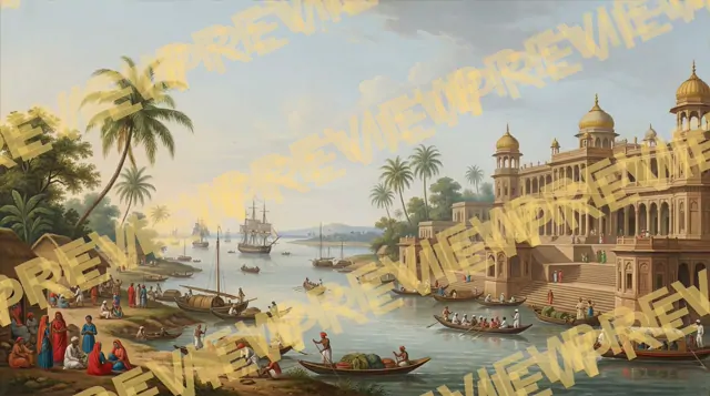 Company-School Indian Palace Waterfront Panoramic Heritage Scene with Palm Trees