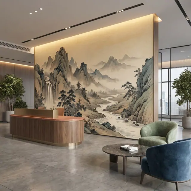 Oriental-Ink-Landscape Commercial-Interiors Warm-Earth-Tones - Double-Palace-Silk-Detail-01