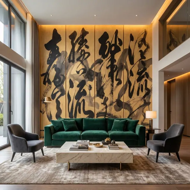 Abstract-Calligraphy Bold-Ink-Strokes for Luxury-Interior Black-Gold-Palette Living-Room Scene
