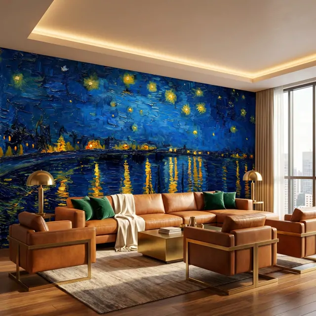 Post-Impressionist Starry Night Riverside Living Room Modern Luxury Wall Mural