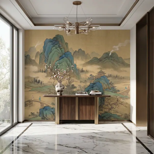 Cyan-Green Landscape for Commercial Space Traditional Chinese Aesthetic - Luxury Villa Foyer