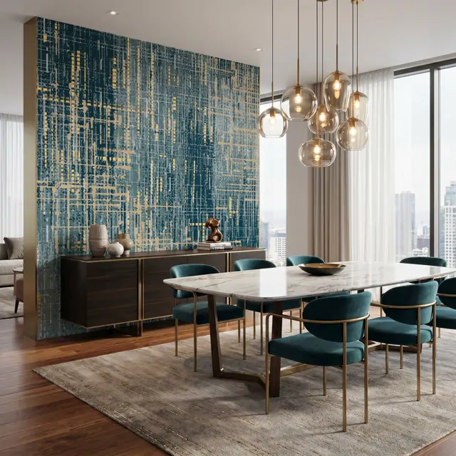 Abstract-Textured-Lines Commercial-Interiors Teal-Gold 09 Luxury-Apartment-Dining