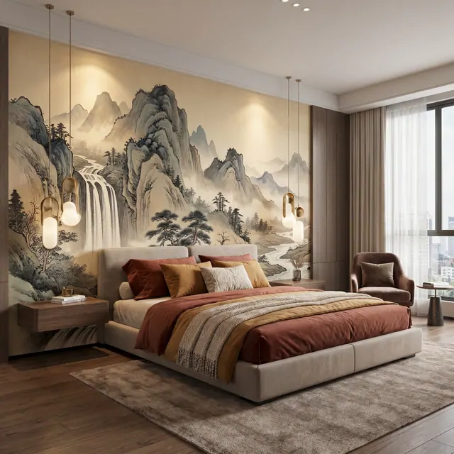 Oriental-Ink-Landscape Commercial-Interiors Warm-Earth-Tones - Boutique-Hotel-Room