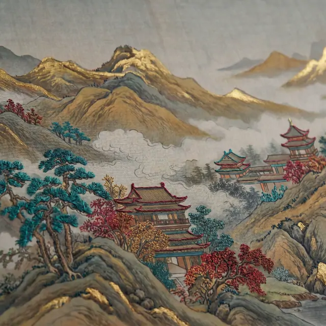 Golden-Peaks-Landscape-for-Luxury-Commercial-Space-Teal-Crimson-Accents-06-Print-Embroidery